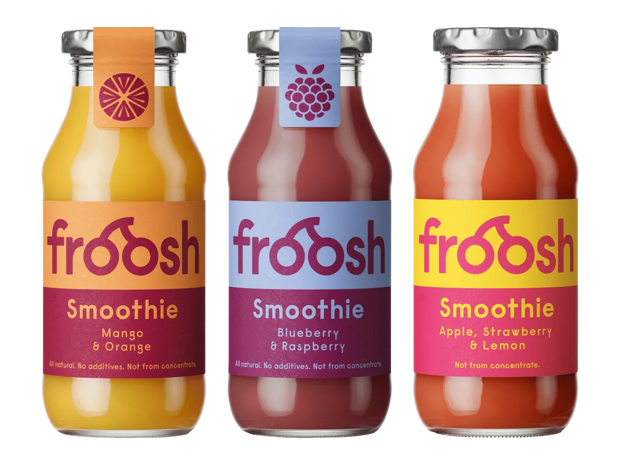 Kolme Froosh-smoothiepulloa: mango-appelsiini, mustikka-vadelma ja omena-mansikka-sitruuna.