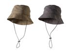 To fiskehatte i khaki og mørkegrå med justerbare snore.