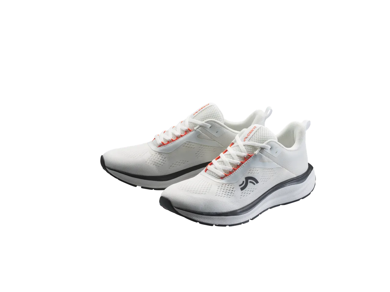 Pair of white athletic shoes with orange accents and dark grey soles on a black background.