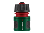 Conector de mangueira Parkside® em verde, vermelho e preto.