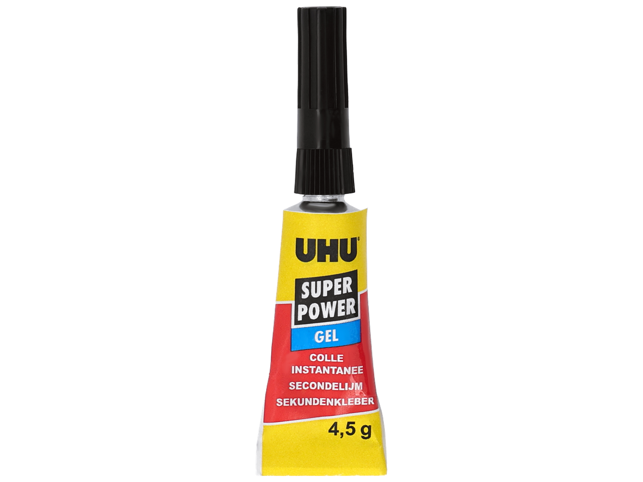 Tube de colle instantanée gel de 4,5g, avec les mentions 'Super Power' et 'Gel'.