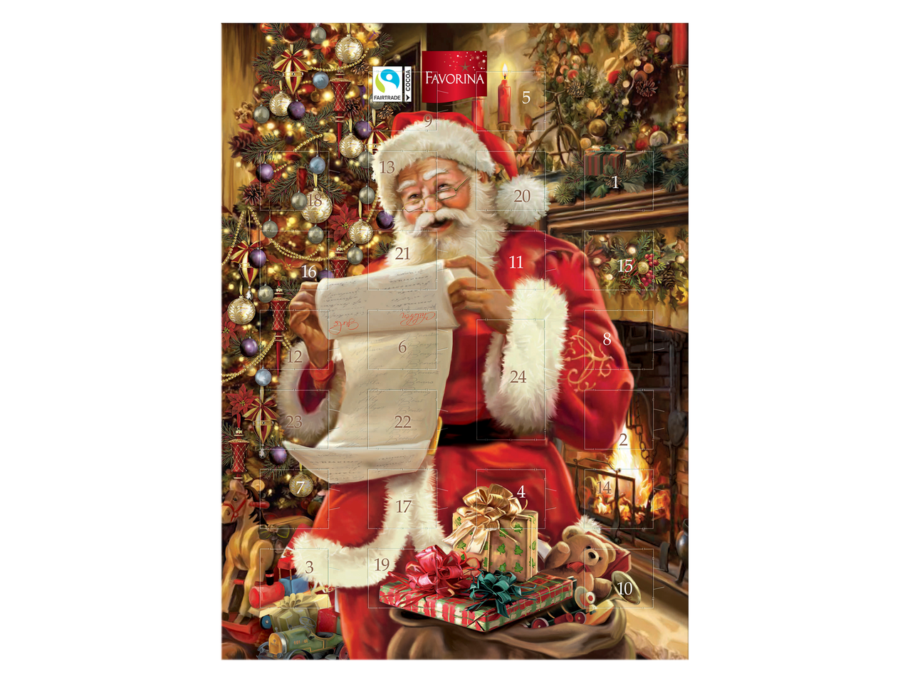 Calendario dell'Avvento Favorina con Babbo Natale che legge una lista dei desideri vicino a un albero di Natale.