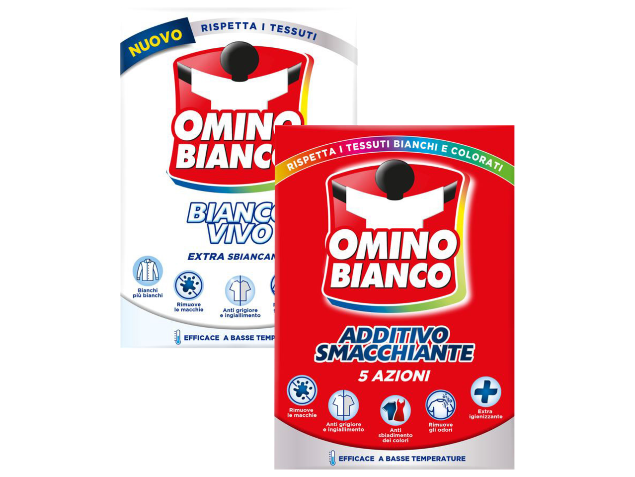 Two Omino Bianco laundry additive products, one for whites and one for stain removal.