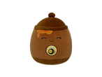 Brown honey pot plush toy with a smiling face and a bee