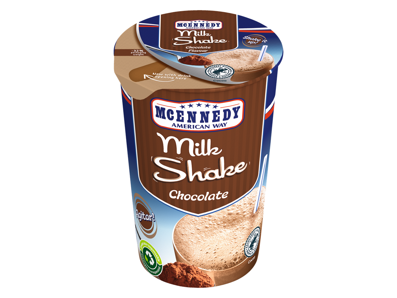 Copo de Milk Shake de chocolate McKennedy American Way pronto para beber.