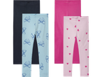 Leggings-set för flickor med olika mönster: blå med rosetter, rosa med hjärtan och enfärgad mörkblå.