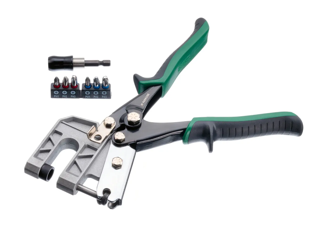 A Parkside rivet gun with a set of screwdriver bits and a magnetic bit holder.