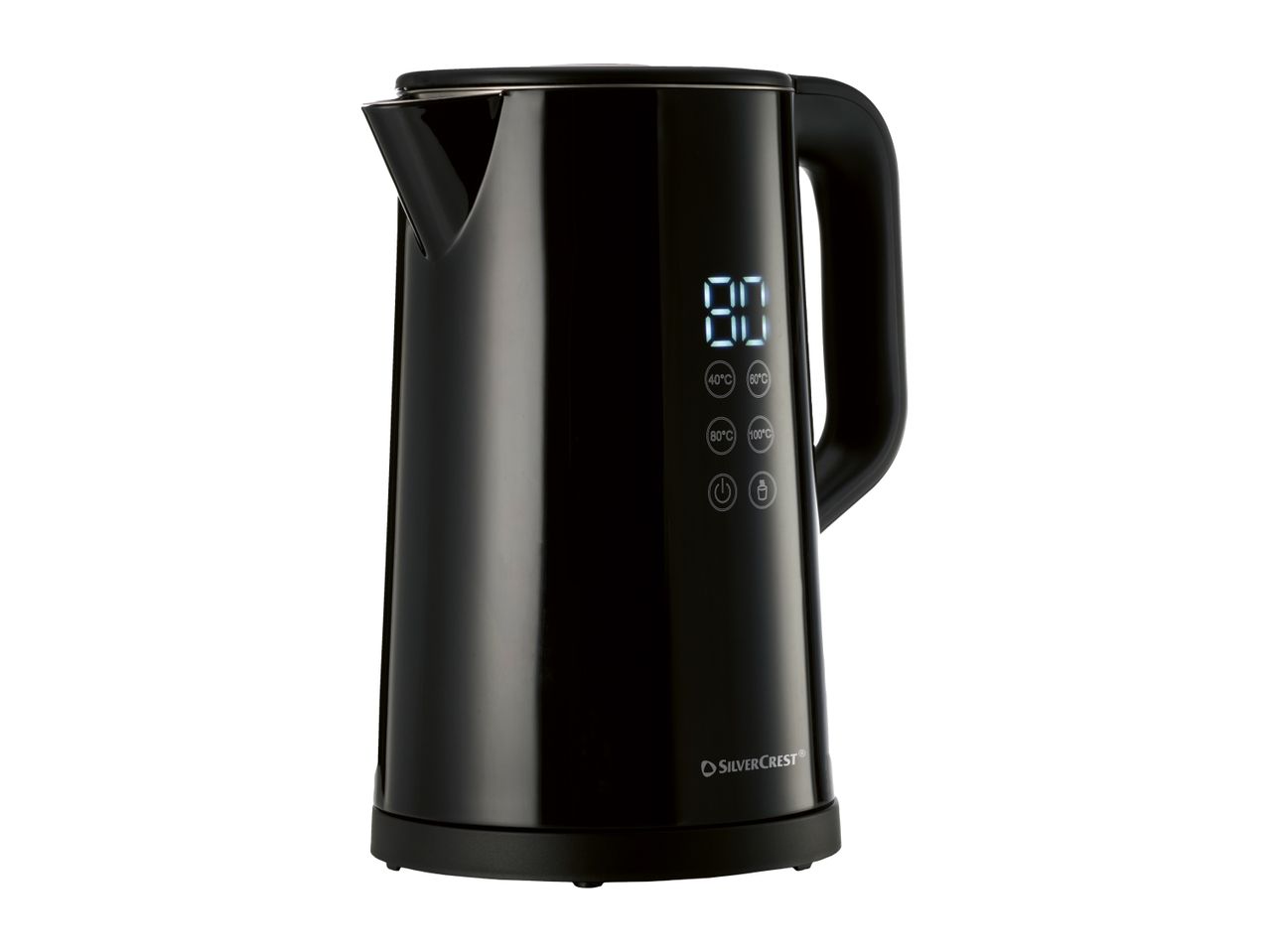 Black electric kettle with digital temperature display and control buttons