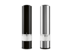 Zwei elektrische Salz- oder Pfeffermühlen, eine schwarz, eine silber, gefüllt mit grobem Salz.