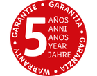 Red circular 5-year warranty badge with text in multiple languages.