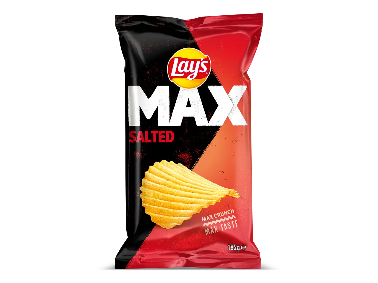 Zak gezouten geribbelde chips met de tekst 'MAX SALTED' en 'MAX CRUNCH MAX TASTE'.
