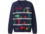 Kids' Light-Up Christmas Jumper: navy blue, pixelated video game design, 'HIGH SCORE CHRISTMAS' and 'LEVEL 2025' text.