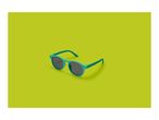 Teal sunglasses with dark lenses on a bright lime green background.