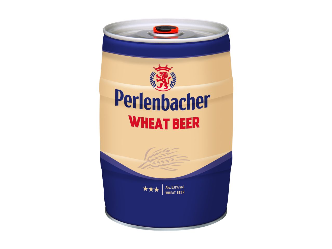 Mini keg of wheat beer with a blue and cream label, featuring a lion crest and wheat graphic.