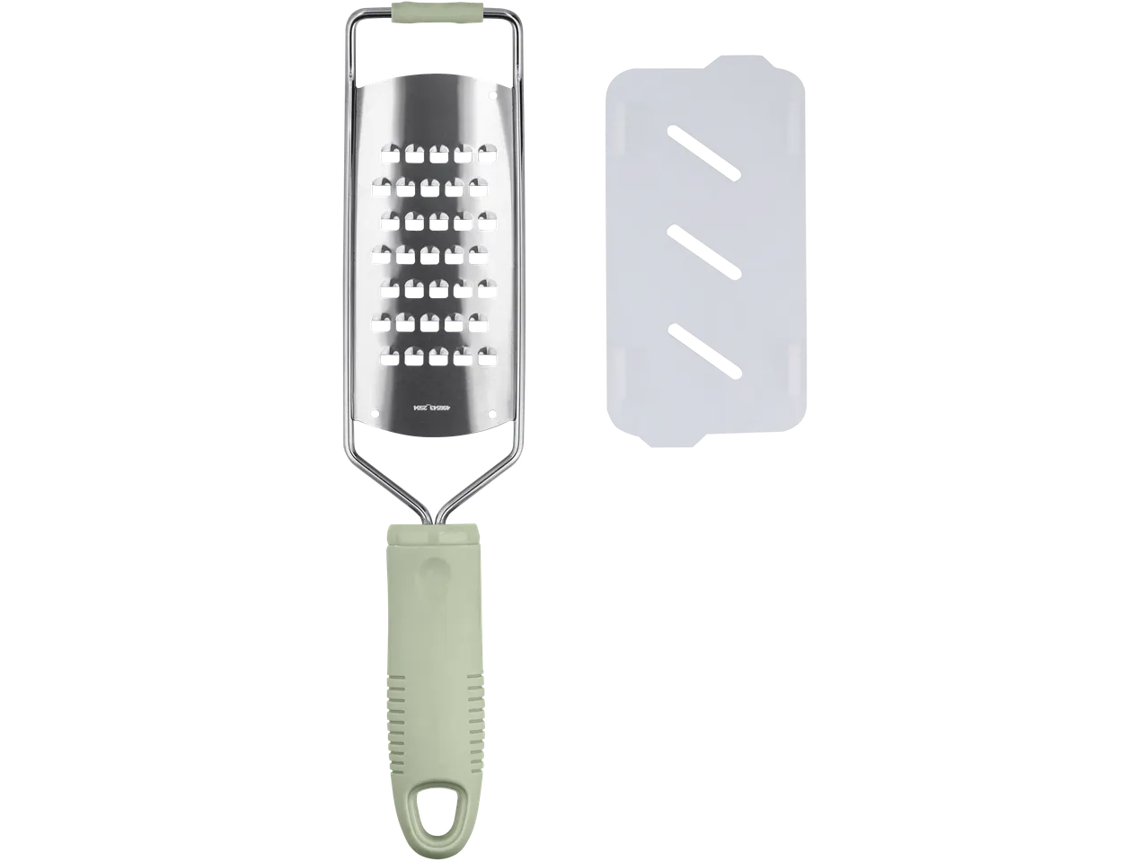 Roestvrijstalen rasp met lichtgroen handvat en beschermkap.