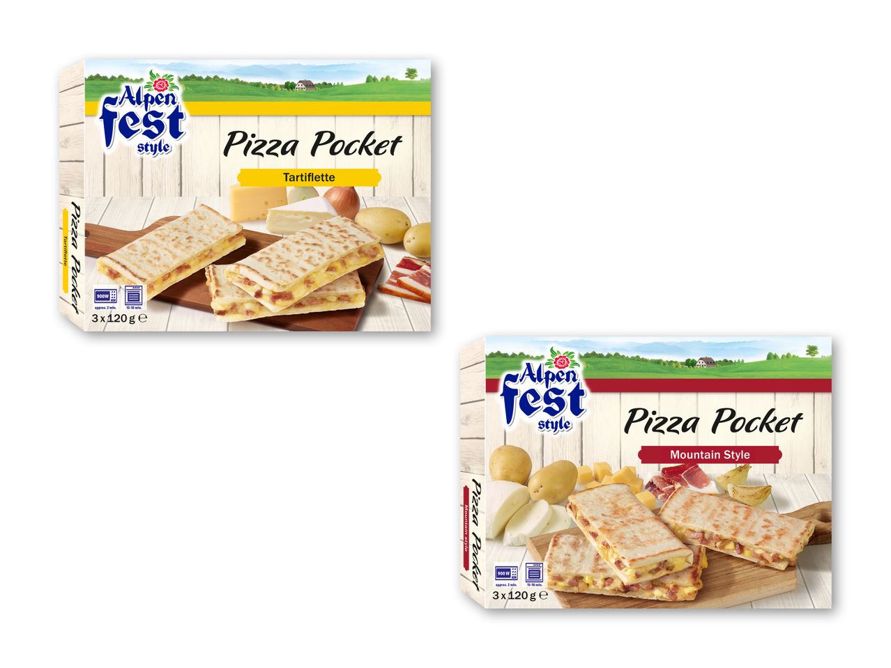 To pakker Alpenfest Pizza Pocket, den ene med 'Tartiflette' og den anden med 'Mountain Style'.