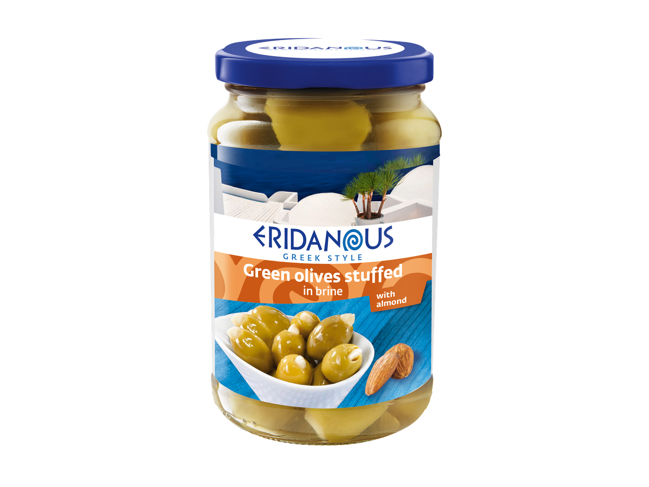Bocal d'olives vertes farcies aux amandes dans de la saumure, style grec.