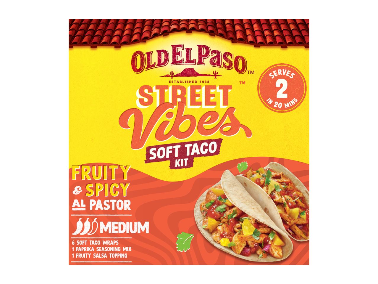 Soft taco kit with fruity and spicy al pastor flavor, serving 2 in 20 minutes.