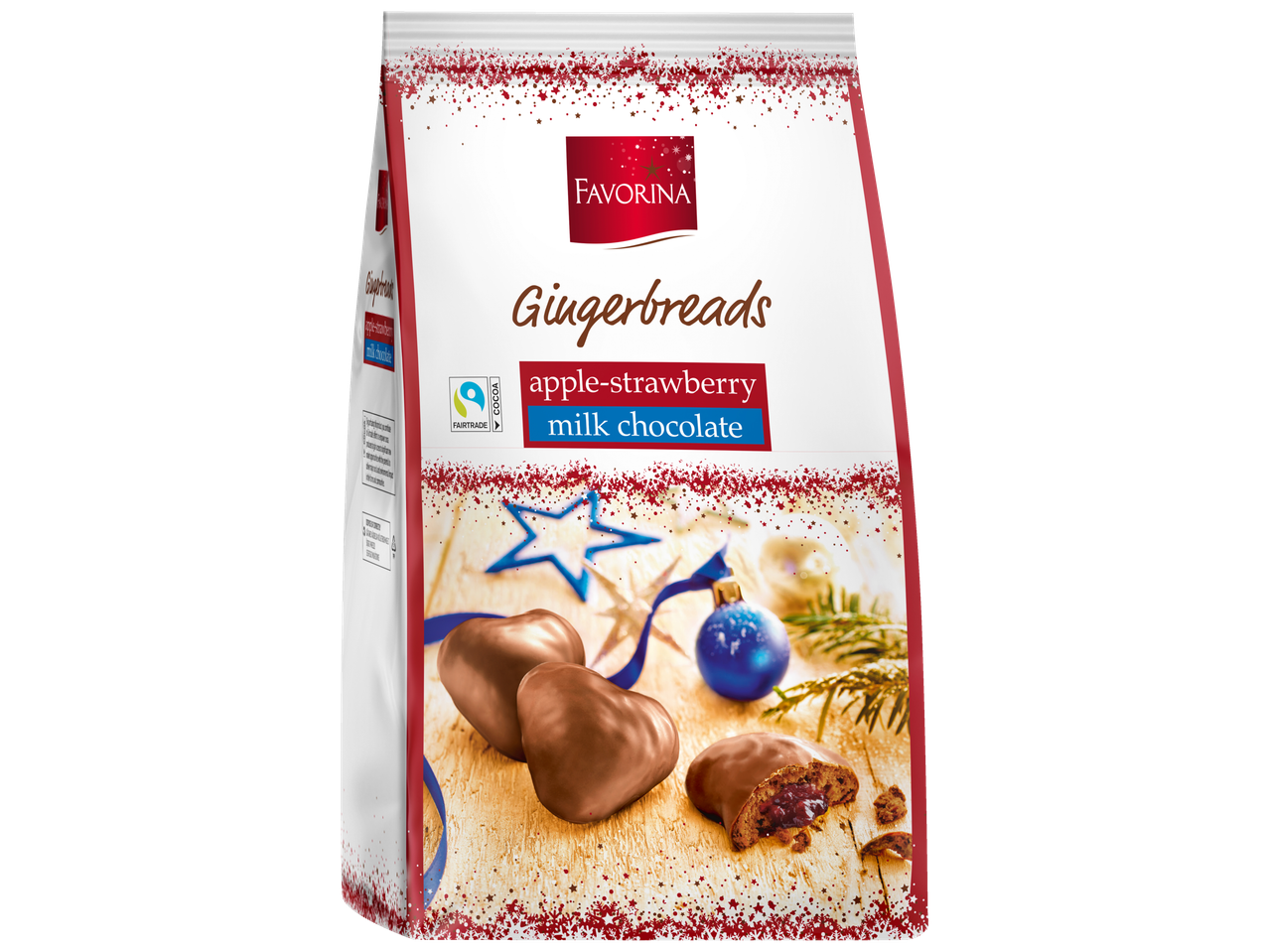 Favorina piparkūkas ar ābolu-zemeņu piena šokolādi iepakojumā.