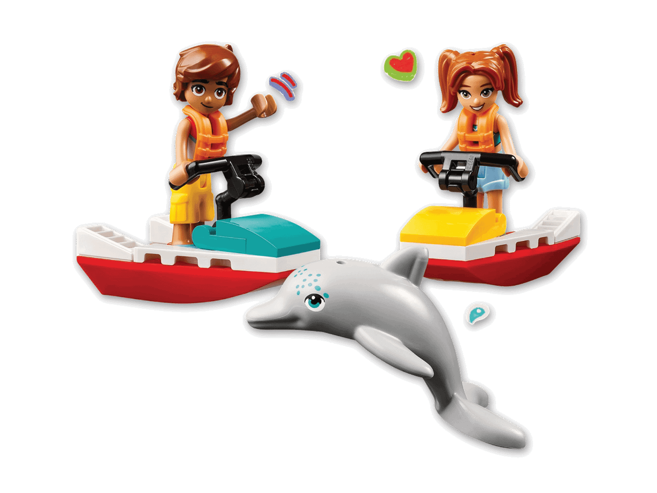 Zwei LEGO Figuren auf Jetskis mit einem Delfin.