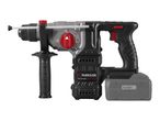 Cordless rotary hammer drill with a depth stop, auxiliary handle, and a battery pack.