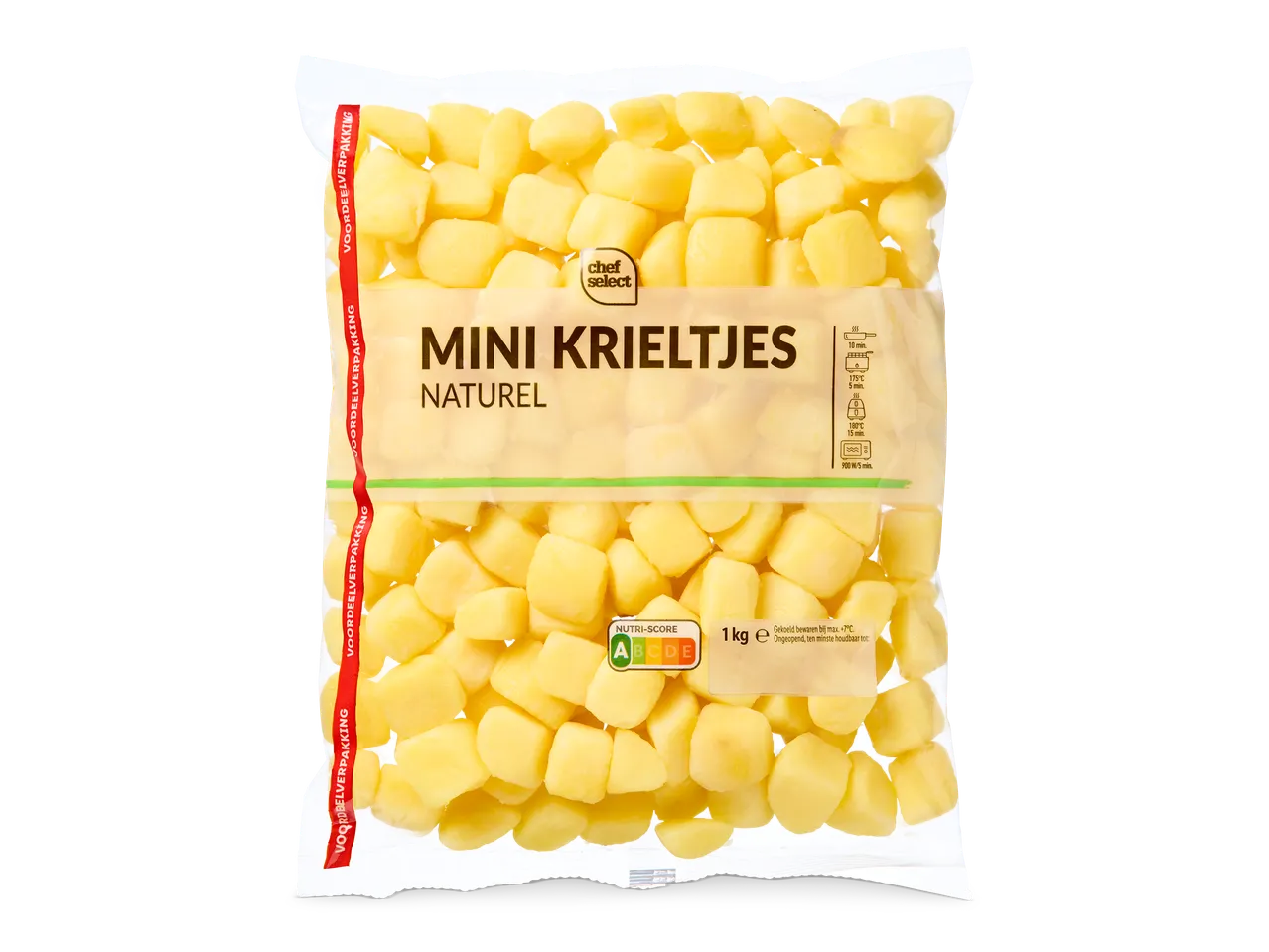 Een zak mini krieltjes naturel met een Nutri-Score A en bereidingsinstructies.