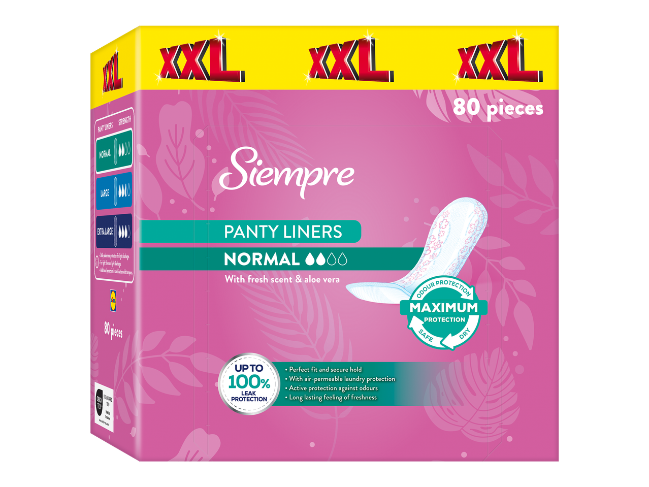 Boîte de protège-slips, 80 pièces, protection maximale, parfum frais et aloe vera.