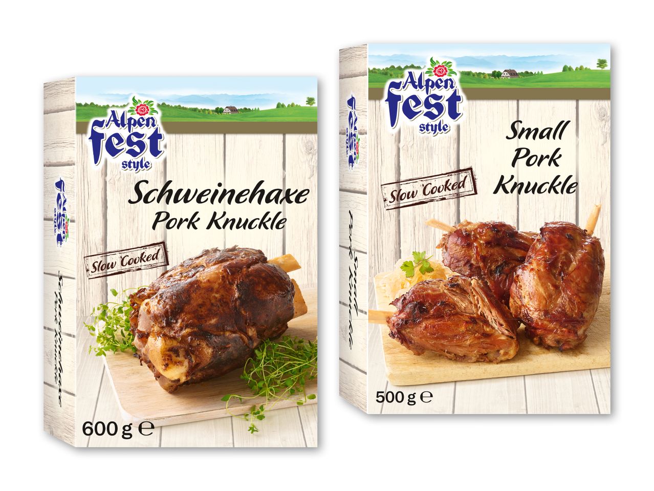 To pakker Alpenfest-stil svinekødsknuder, den ene med en stor knude og den anden med mindre.