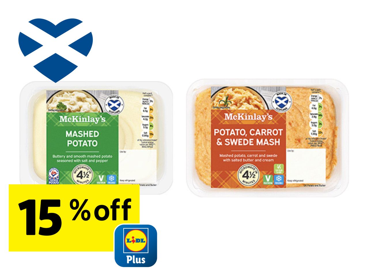 Two McKinlay's mashed potato products, one plain and one with carrot and swede, with a 15% off offer.