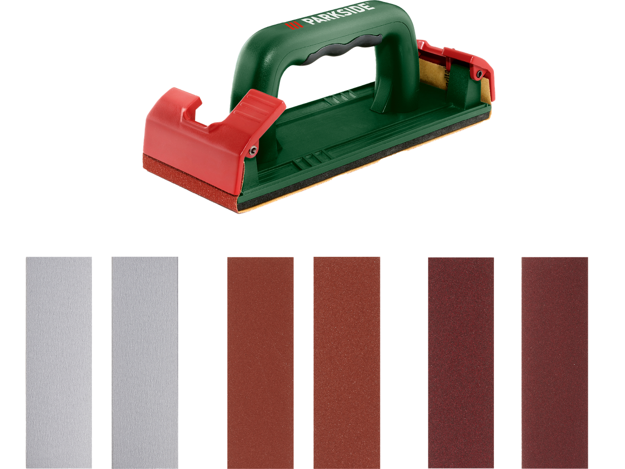 En handslipmaskin med sex sandpappersark i olika grovlekar.