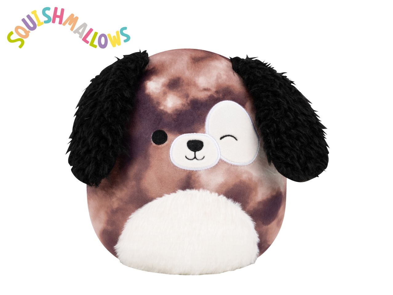 A brown and black dog plush toy with a white belly and face, winking, with colorful text above.