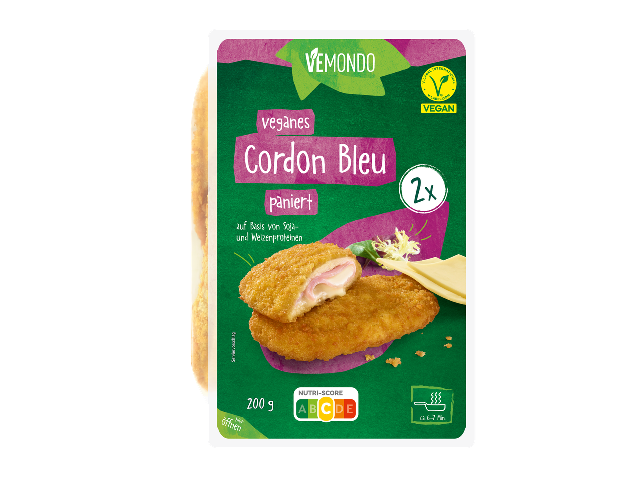 Vemondo veganer Cordon Bleu (2x), auf Basis von Soja- und Weizenproteinen.
