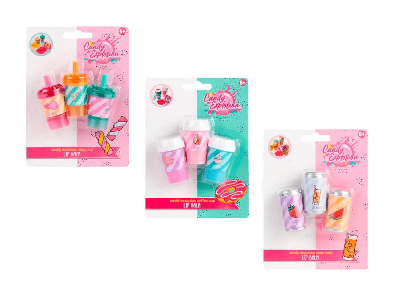 Trois ensembles de baumes à lèvres sur le thème des bonbons, emballés sous blister, avec des motifs de gobelets, de tasses à café et de canettes.