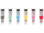 Crelando pastel acrylic paints in grey, green, blue, yellow, pink, and red.