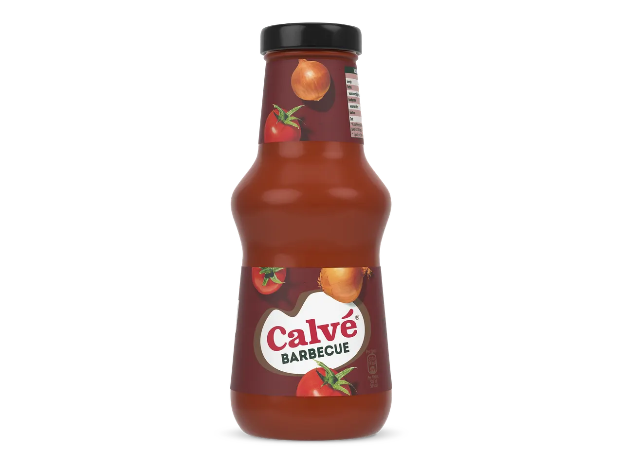 Fles barbecuesaus met tomaten en uien op het etiket, met voedingsinformatie.