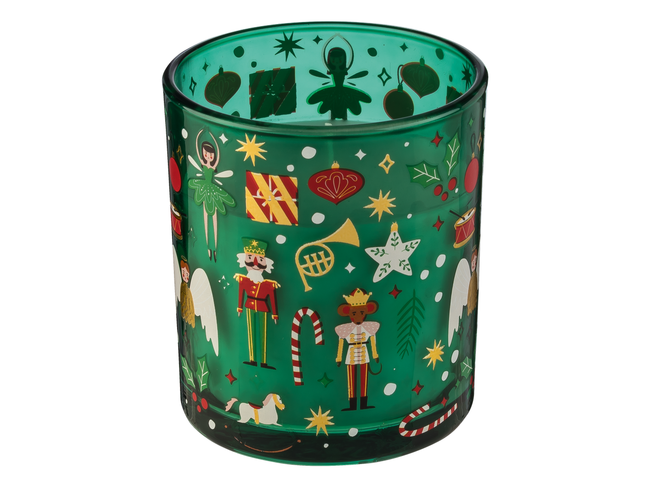 Livarno Home Duftkerze mit Motiv: žalia kvapioji žvakė su kalėdiniais motyvais, tokiais kaip spragtukas ir balerina.