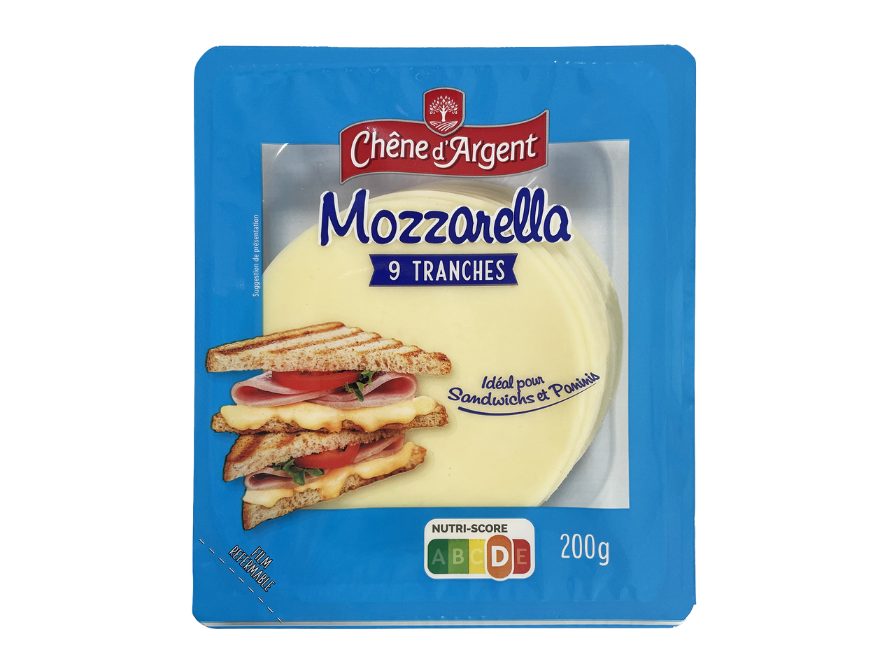 Paquet de mozzarella en tranches pour sandwichs et paninis, 200g, Nutri-Score D.