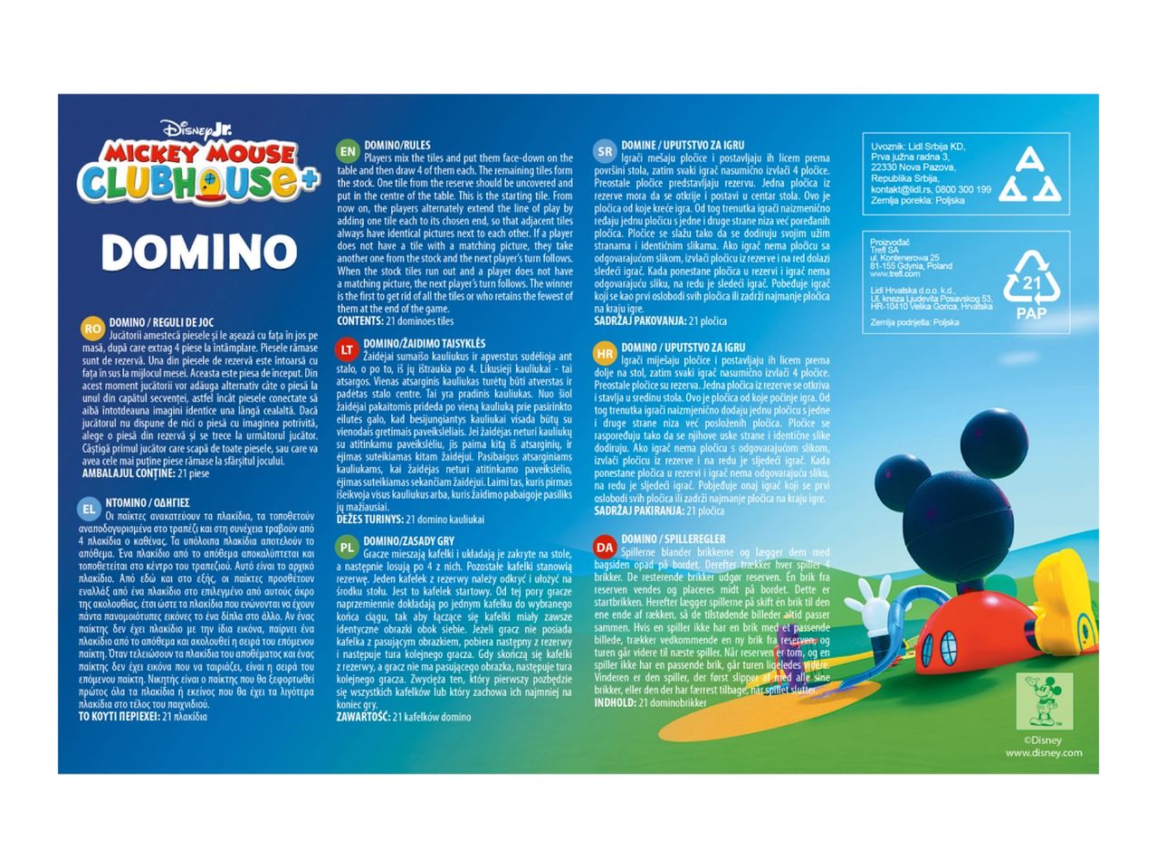 Mickey Mouse Clubhouse dominoes game with rules in multiple languages and product information.