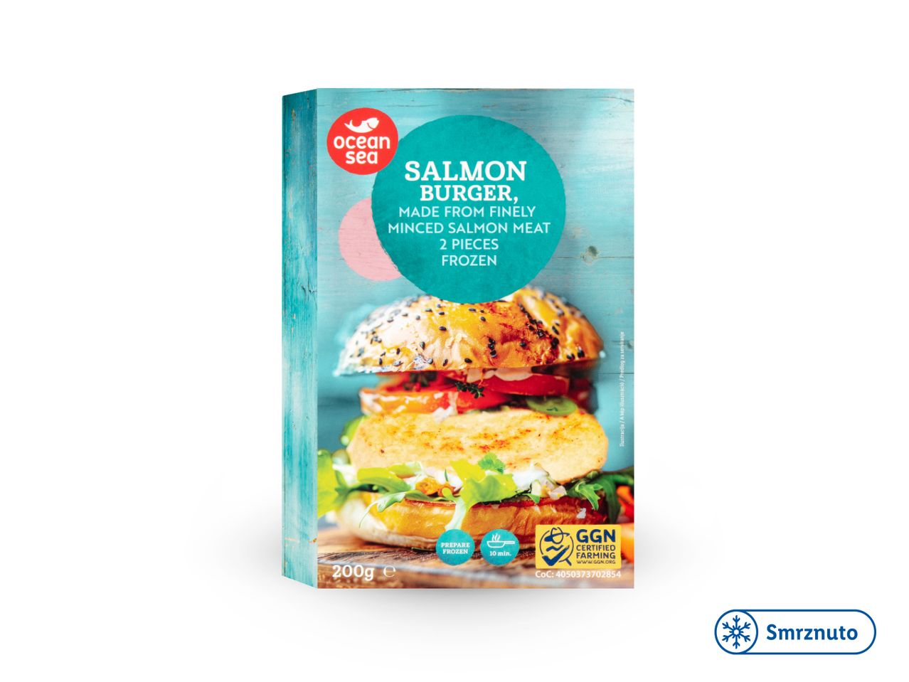 Kutija Ocean Sea losos burgera s natpisom 'Smrznuto' na dnu.