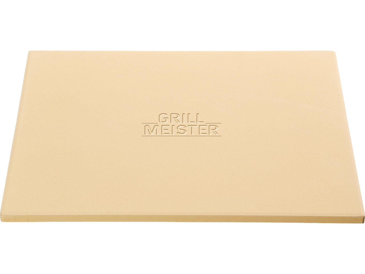 Világosbarna pizzakő, „GRILL MEISTER” felirattal a közepén.