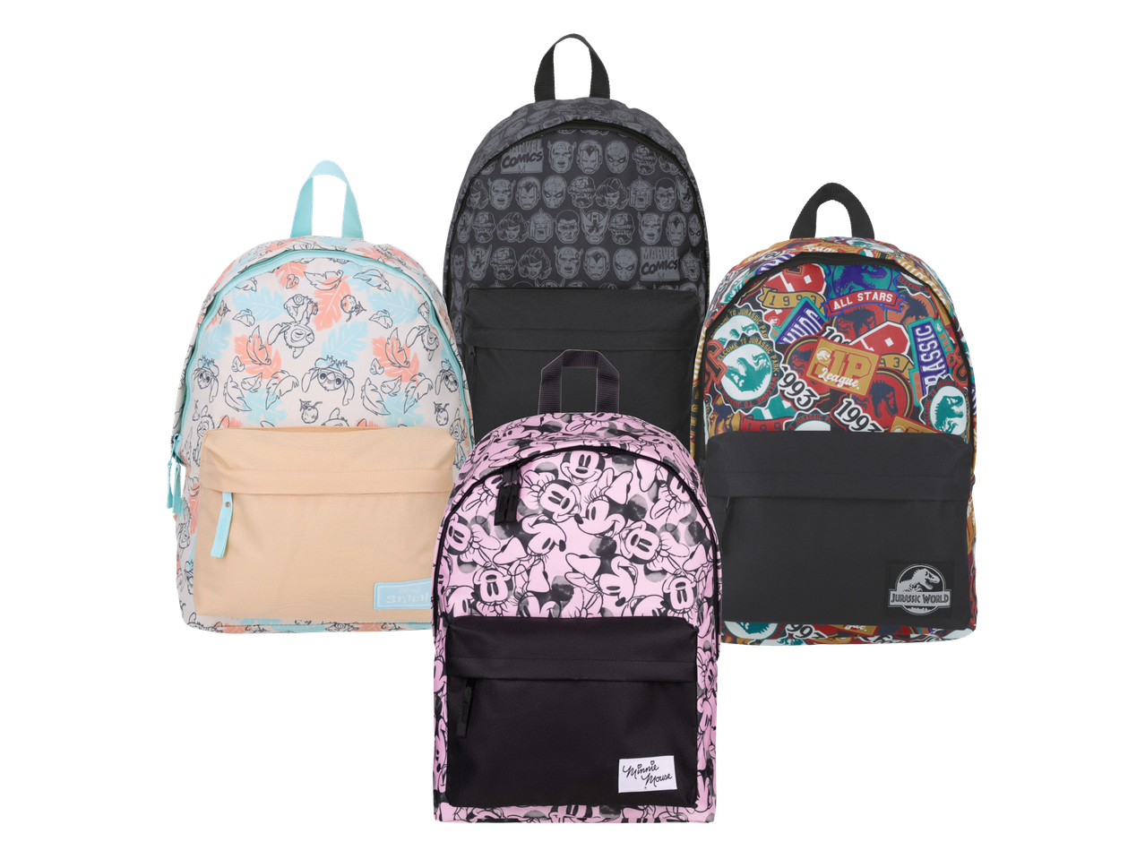 Četiri ruksaka s uzorcima: Stitch, Marvel Comics, Minnie Mouse i Jurassic World.