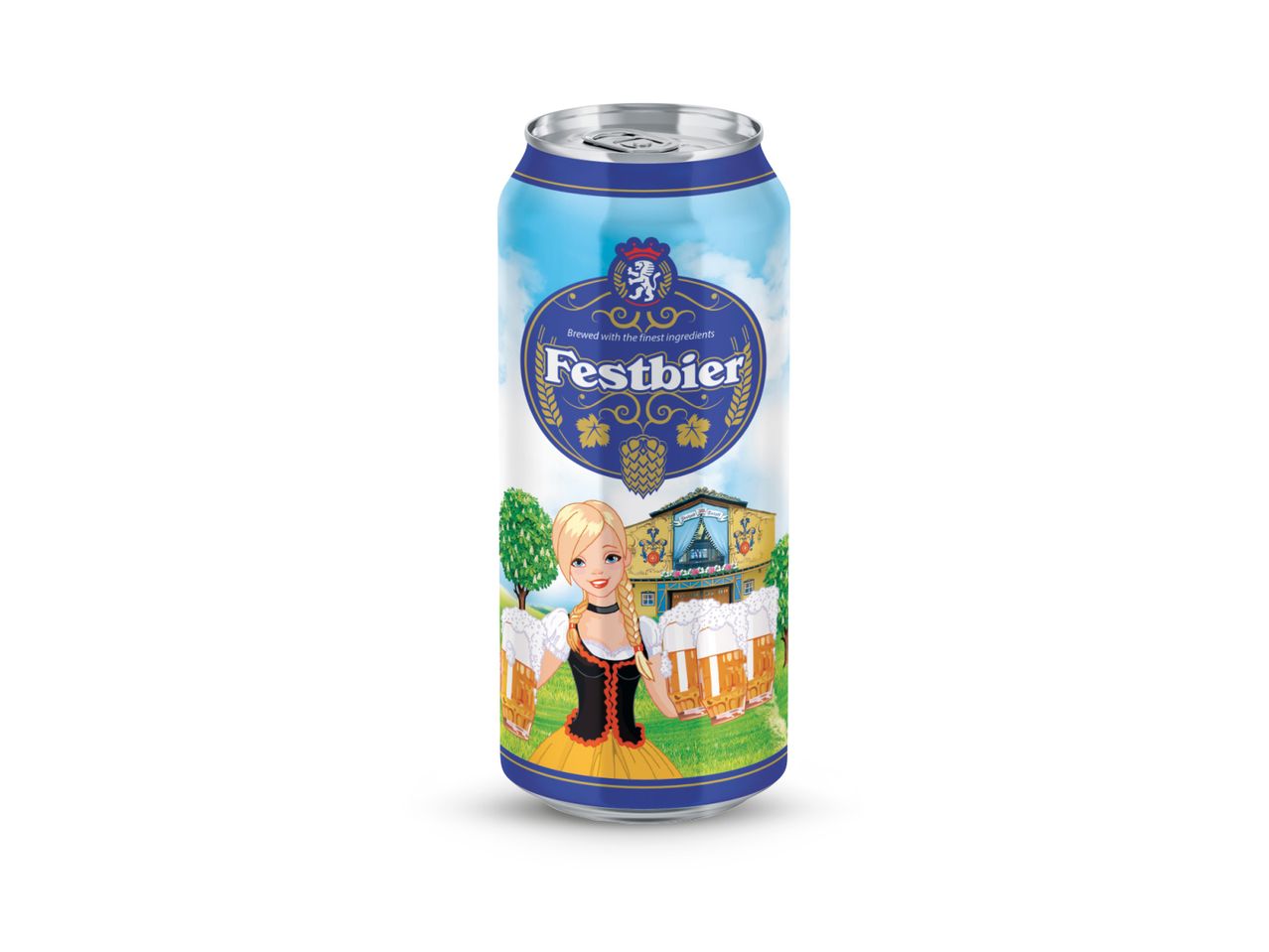Limena konzerva piva s natpisom 'Festbier' i ilustracijom žene u dirndlu.