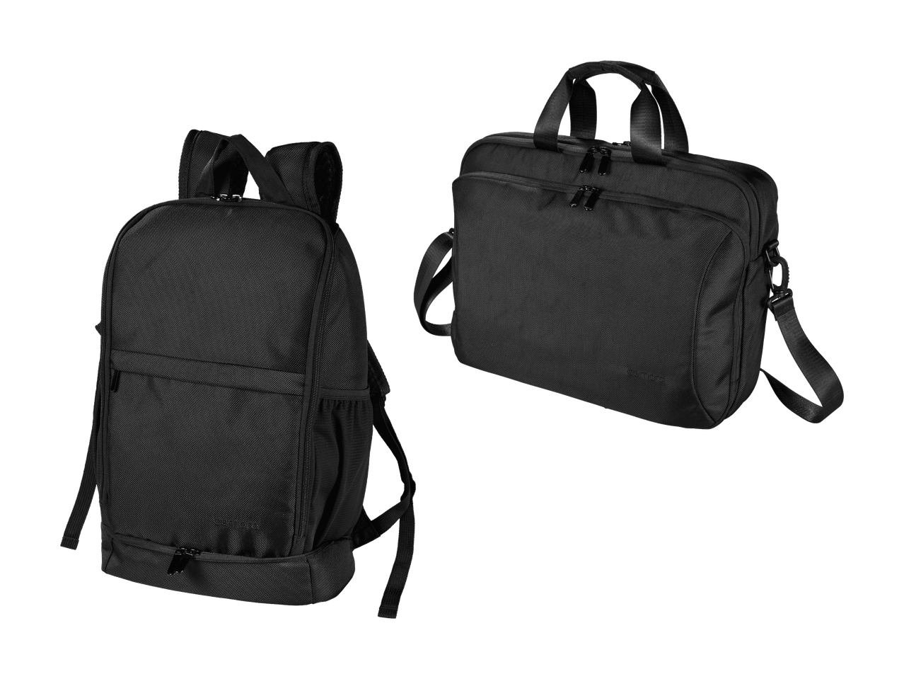 Ein schwarzer Rucksack und eine schwarze Aktentasche auf schwarzem Hintergrund.
