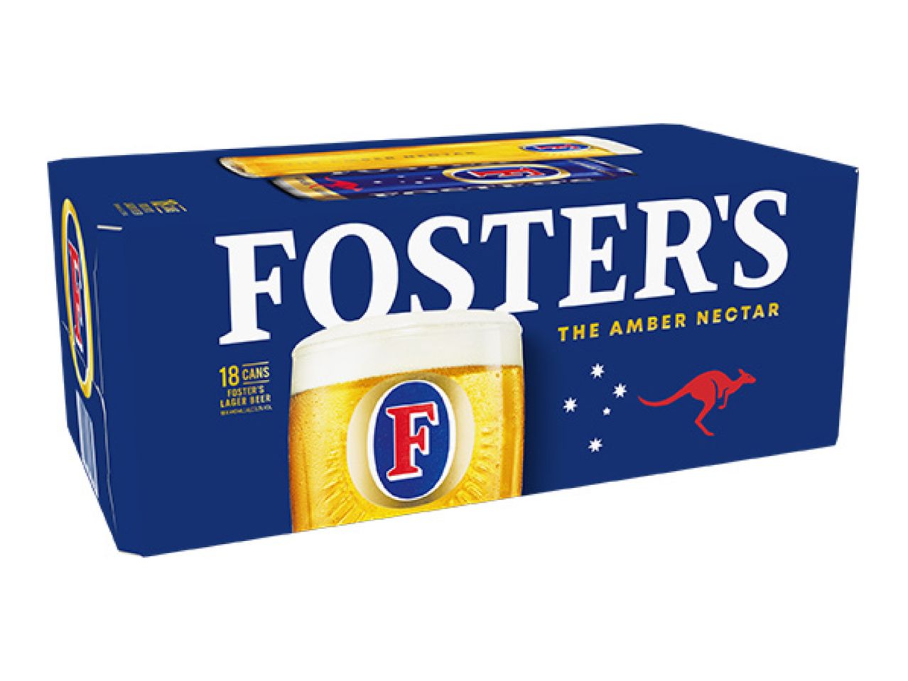 Foster's 18-can pack of lager beer, featuring a glass of beer and a red kangaroo.