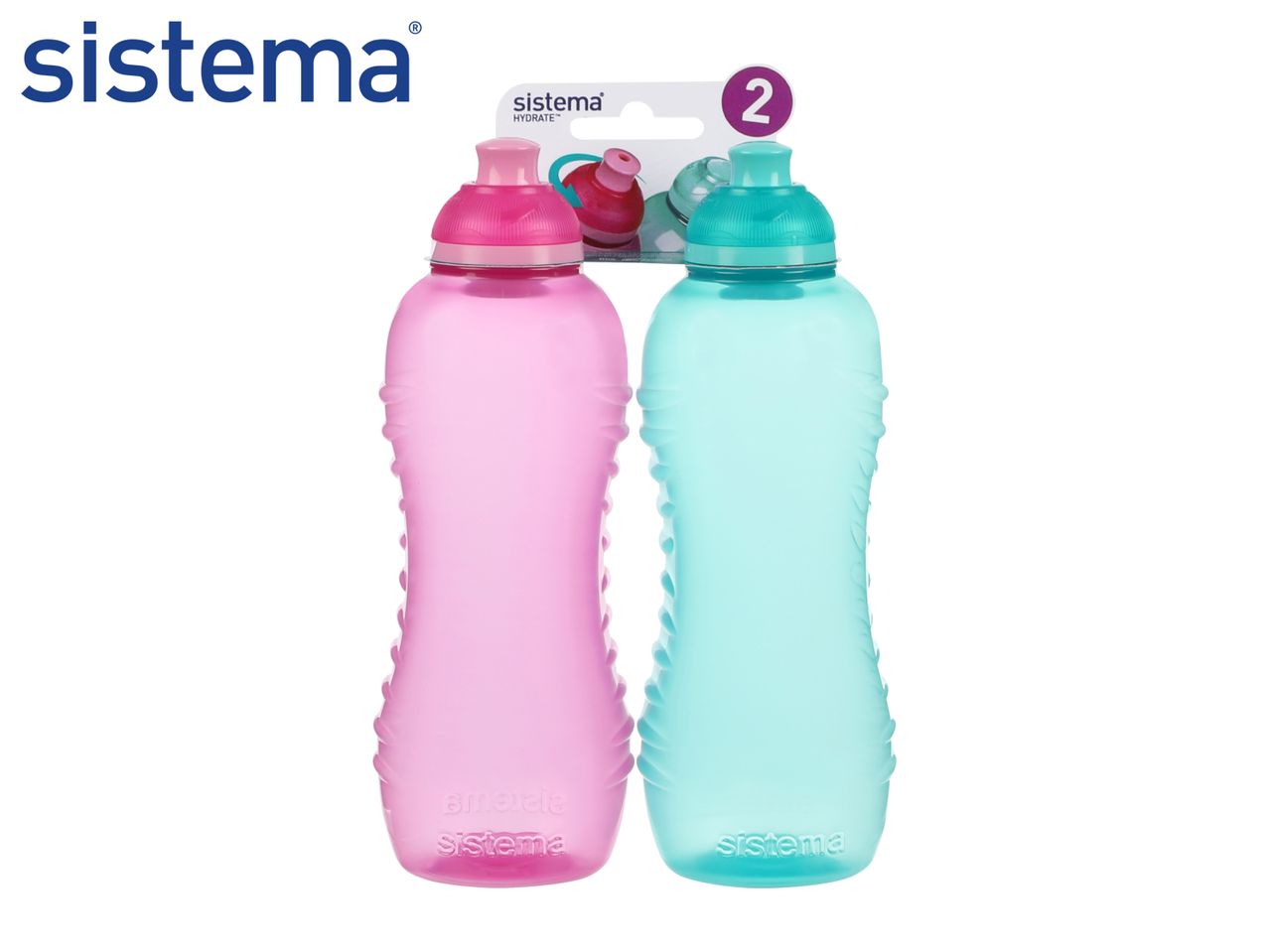 Two water bottles, one pink and one teal, with textured grips and flip-top lids, sold as a pack of two.