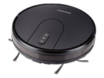 Crni robotski usisavač s kontrolnom pločom i bočnim četkama.