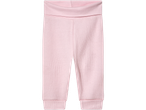 Rosa baby leggings, mjuk ribbstickad textur.