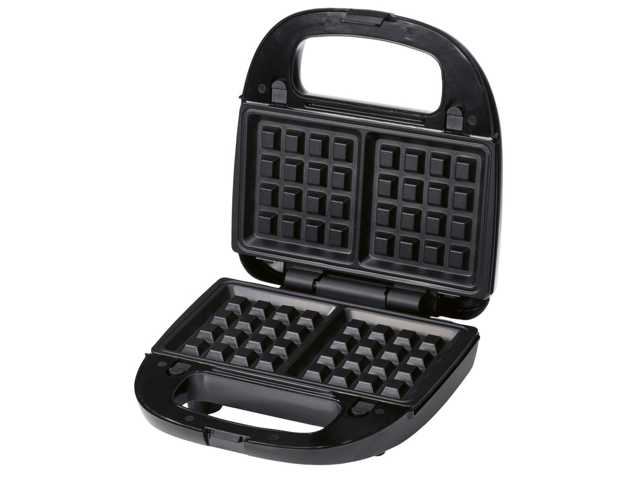 3 в 1 тостер Silvercrest® Kitchen Tools с поставени плочи за направата на гофрети, показан отворен.