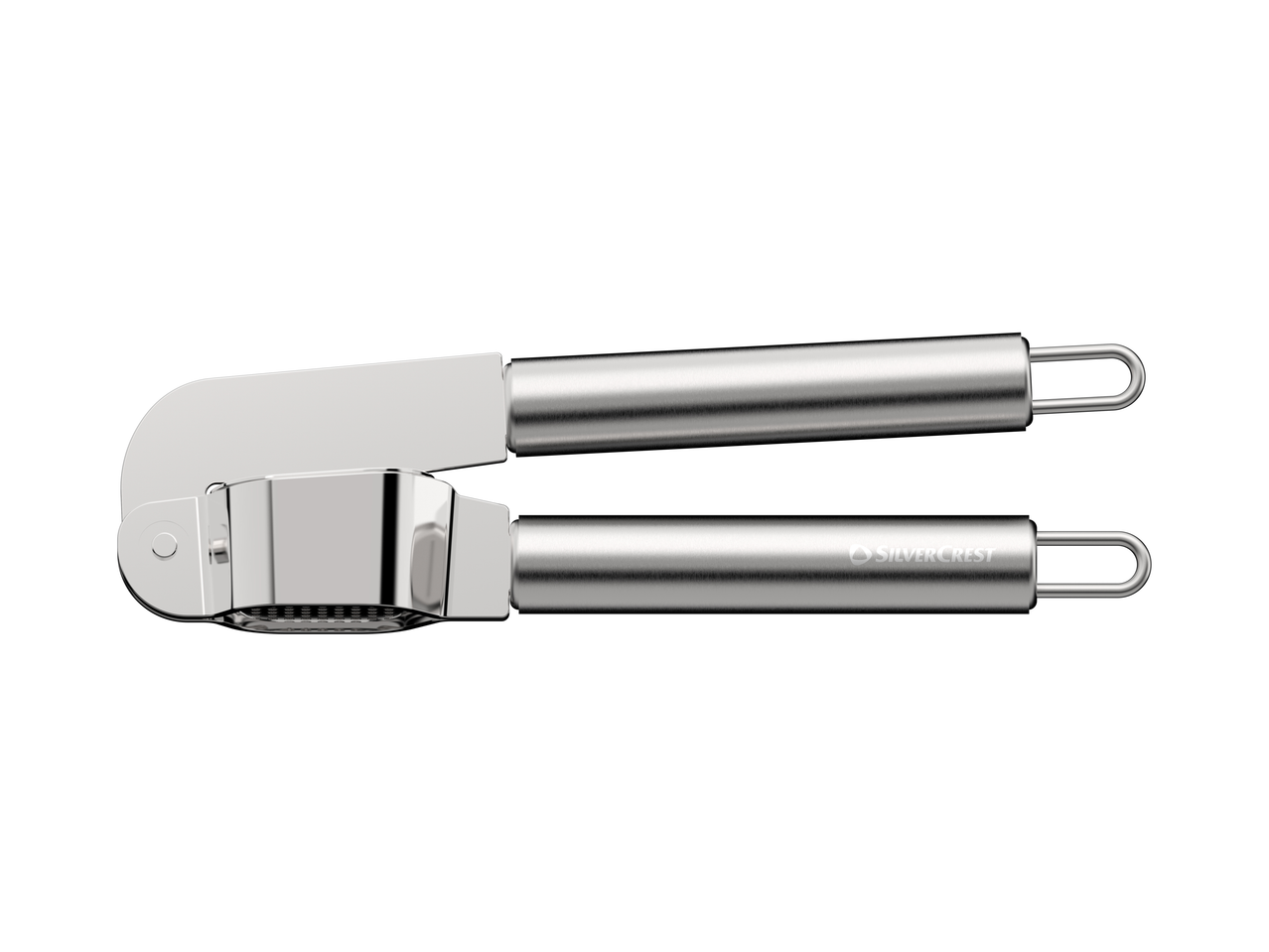 Metalna preša za češnjak s cjevastim ručkama i omčama za vješanje.