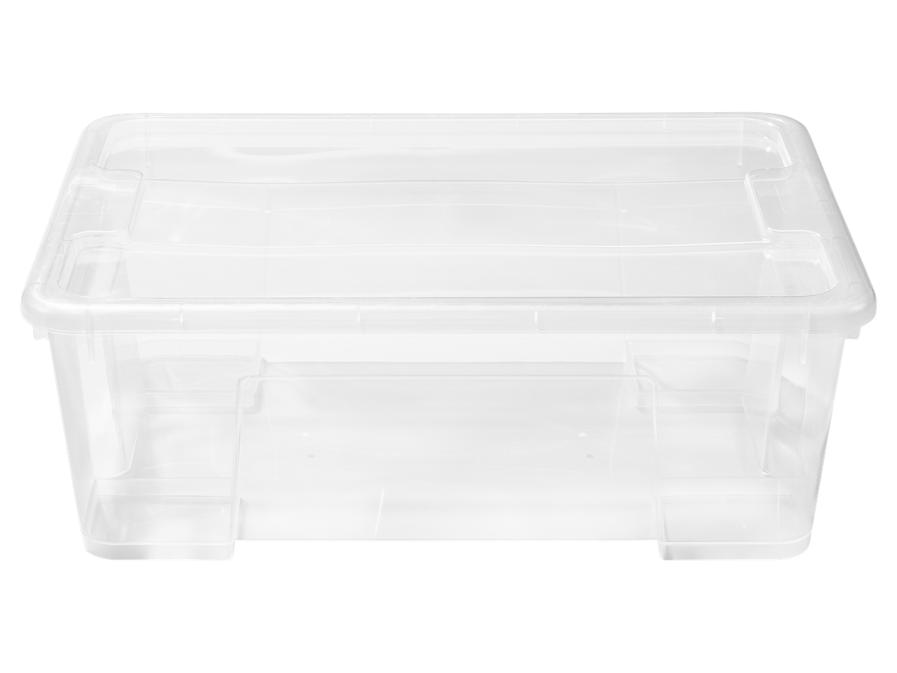 Transparent W5 storage box with white lid on a black background.